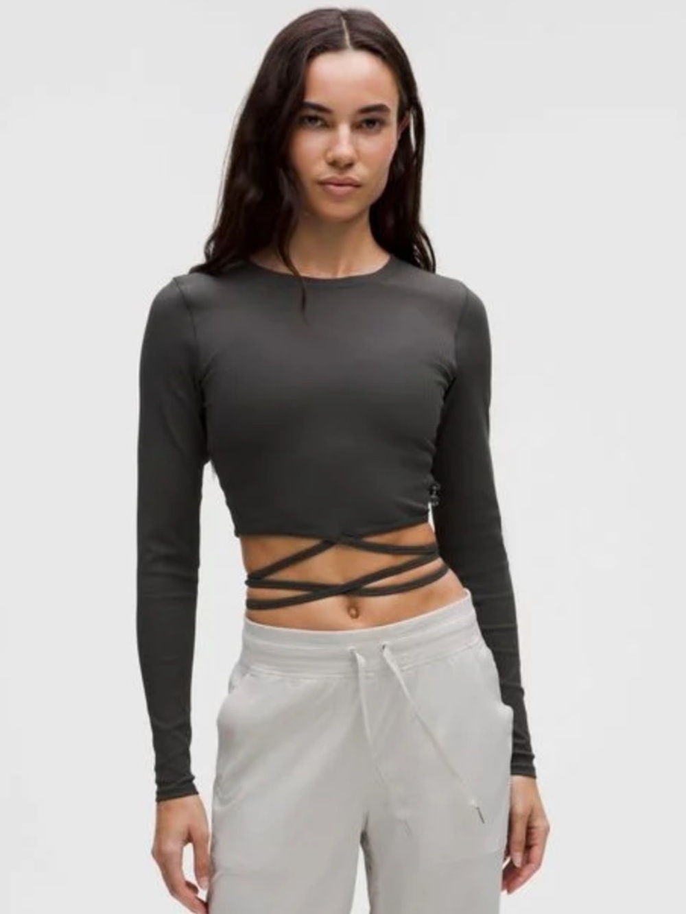 NWT Lululemon Ribbed Waist Tie Crop Logo Charm Top Gray Size 8 Luxtreme